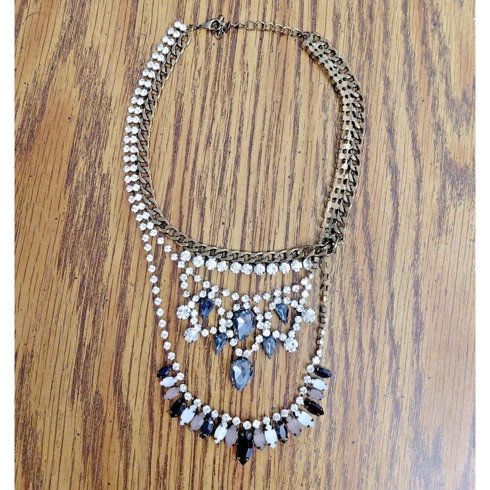 2010's Statement Bib Necklace Gold Tone Rhinestone Teardrop 13"